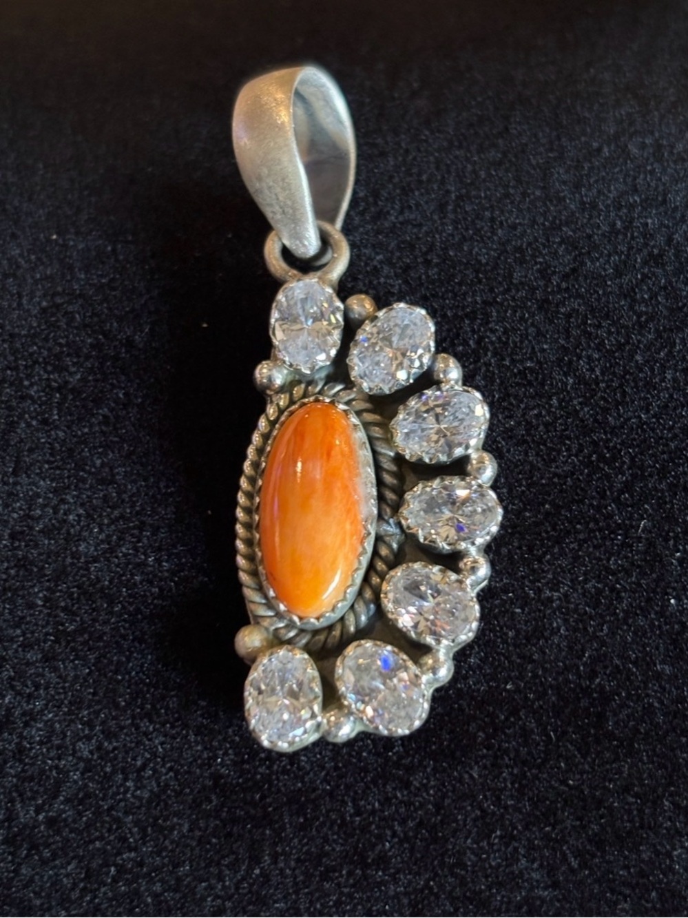 Orange Spiny Pendant surrounded by Cubic Zirconia in Sterling Silver
